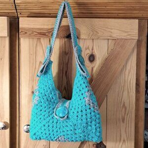 Hand Crafted Crochet Bag Hobo Purse Tote Three Granny Square Cotton Sea Breeze